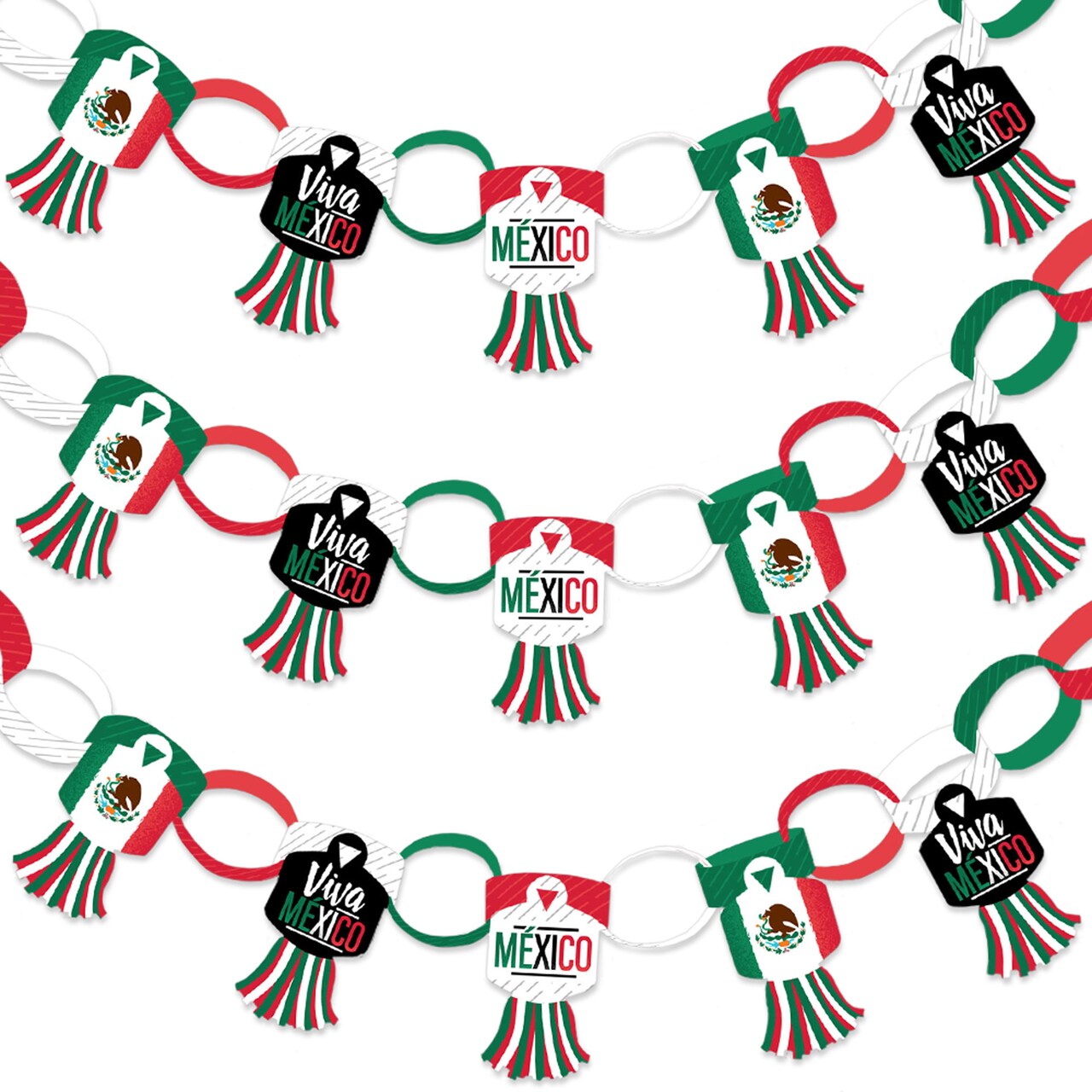 Big Dot of Happiness Viva Mexico - 90 Chain Links and 30 Paper Tassels Decoration Kit - Mexican Independence Day Party Paper Chains Garland - 21 feet